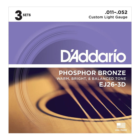 D'Addario EJ26-3D 3-Pack Custom Light Phosphor Bronze Acoustic Guitar Strings (11-52)-EJ26-3D